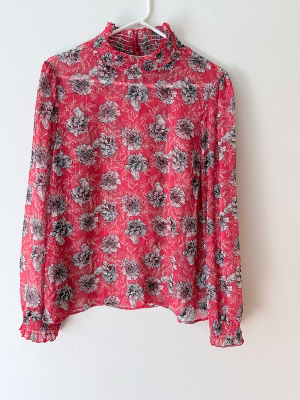 Anthropologie Pink Floral Mock-Neck Blouse with Black & White Flowers